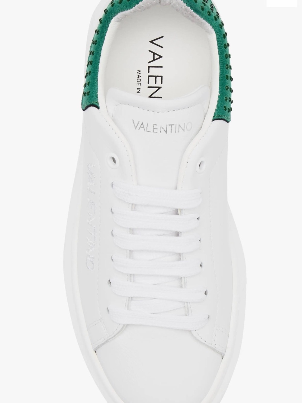 VALENTINO White Leather Sneakers with Green Heel Detail